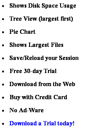 Text Box: �&nbsp;Shows Disk Space Usage
�&nbsp;Tree View (largest first)
�&nbsp;Pie Chart
�&nbsp;Shows Largest Files
�&nbsp;Save/Reload your Session
�&nbsp;Free 30-day Trial
�&nbsp;Download from the Web
�&nbsp;Buy with Credit Card
�&nbsp;No Ad-Ware
�&nbsp;Download a Trial today!
